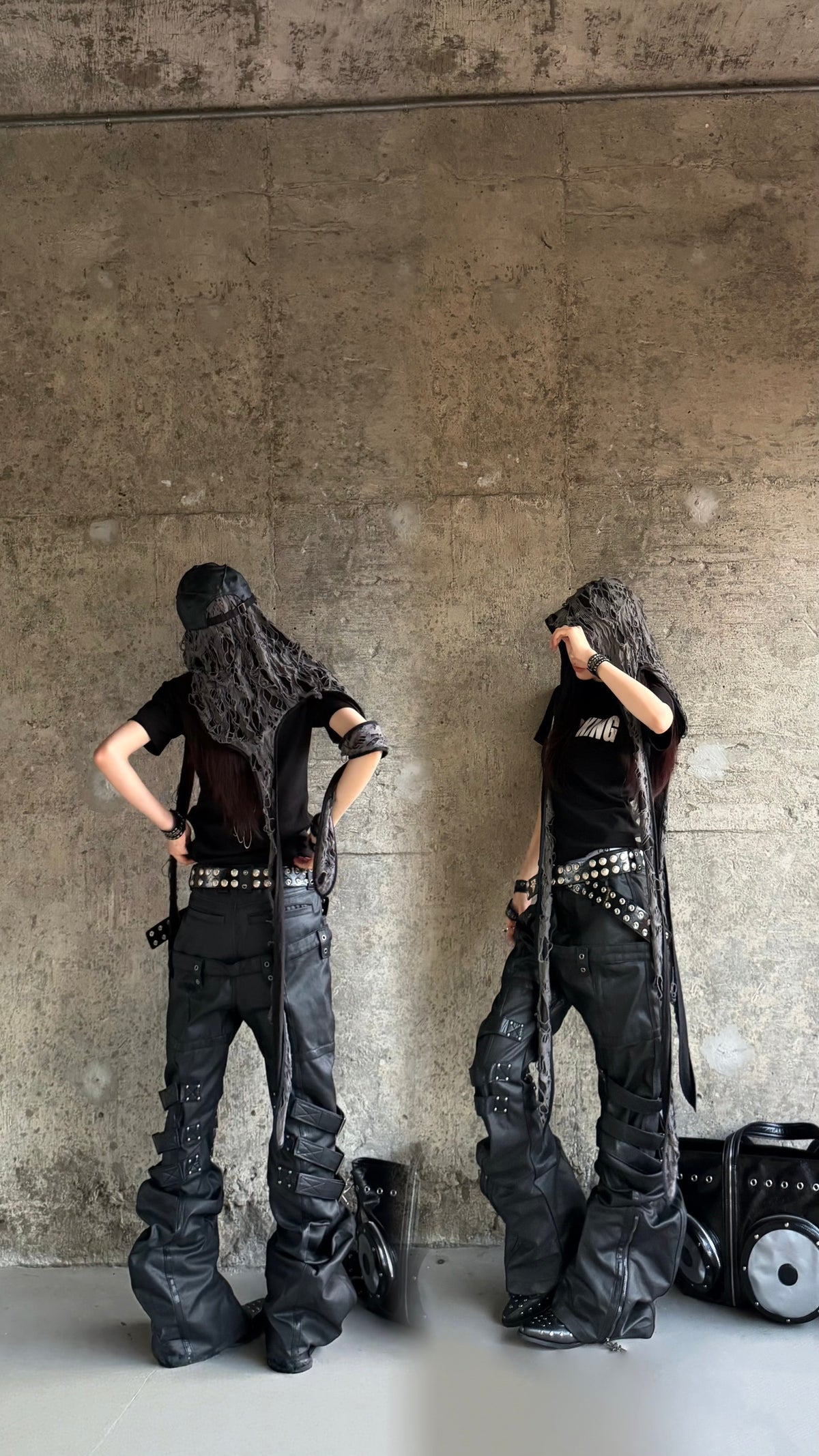 WAXED PATCHWORK STACKED STRAP DOUBLE‑WAIST CURVED SKINNY PANTS