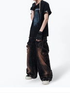 WASTERED MULTI‑POCKET RIVET DETAIL WIDE‑LEG CARGO PANTS