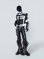 STAND COLLAR SPLICED RACING SUIT SHORT BIKER PU LEATHER JACKET