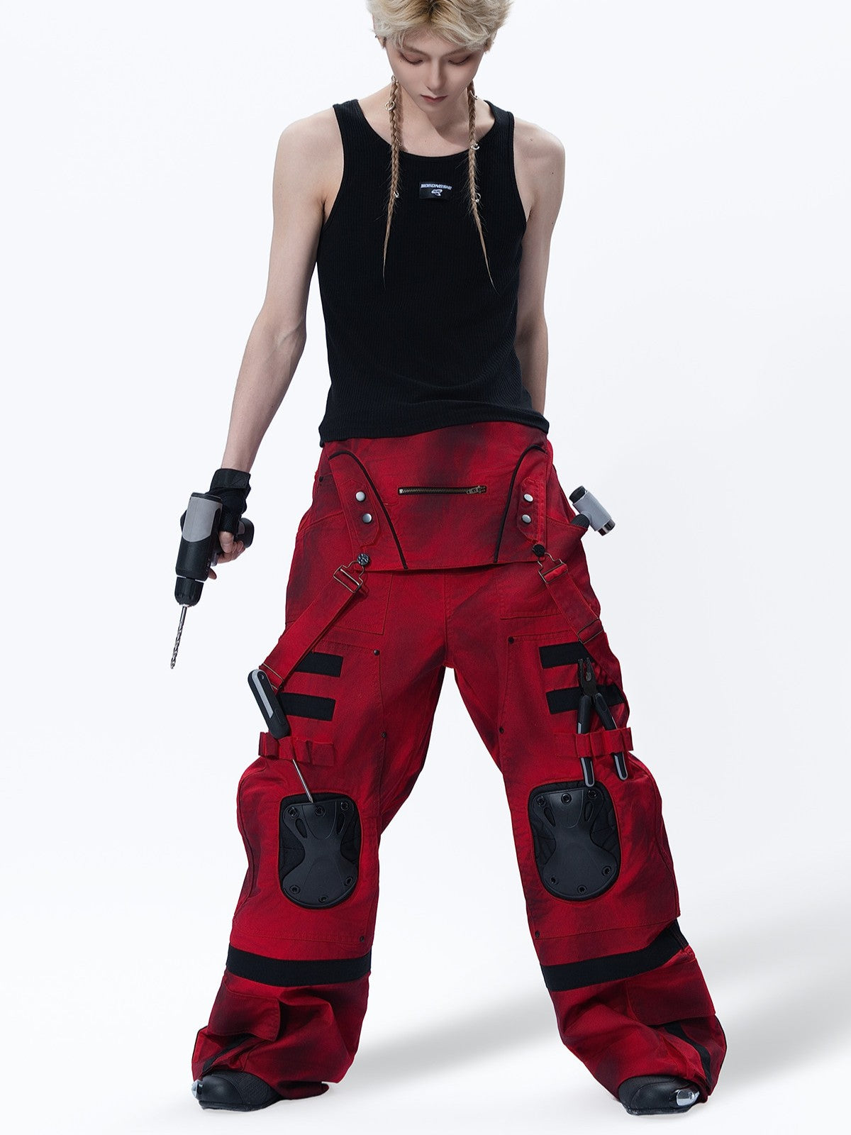 CYBERPUNK STYLE MULTI POCKET CARGO PANTS WITH KNEE GUARD DECOR