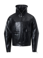 DARKPTPTS VINTAGE DARK CRACKED CROPPED PU LEATHER BIKER JACKET