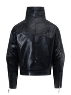DARKPTPTS VINTAGE DARK CRACKED CROPPED PU LEATHER BIKER JACKET