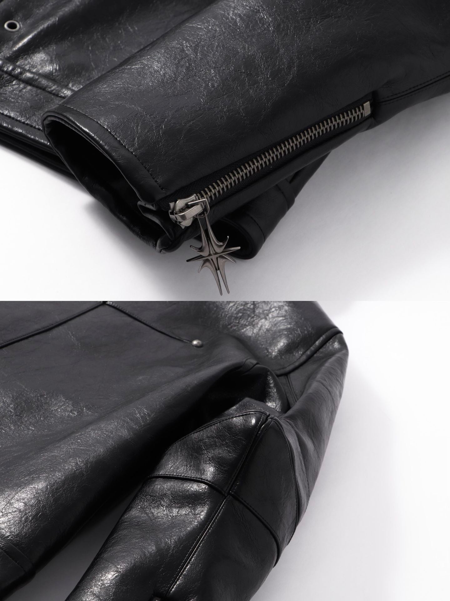 DARKPTPTS VINTAGE DARK CRACKED CROPPED PU LEATHER BIKER JACKET