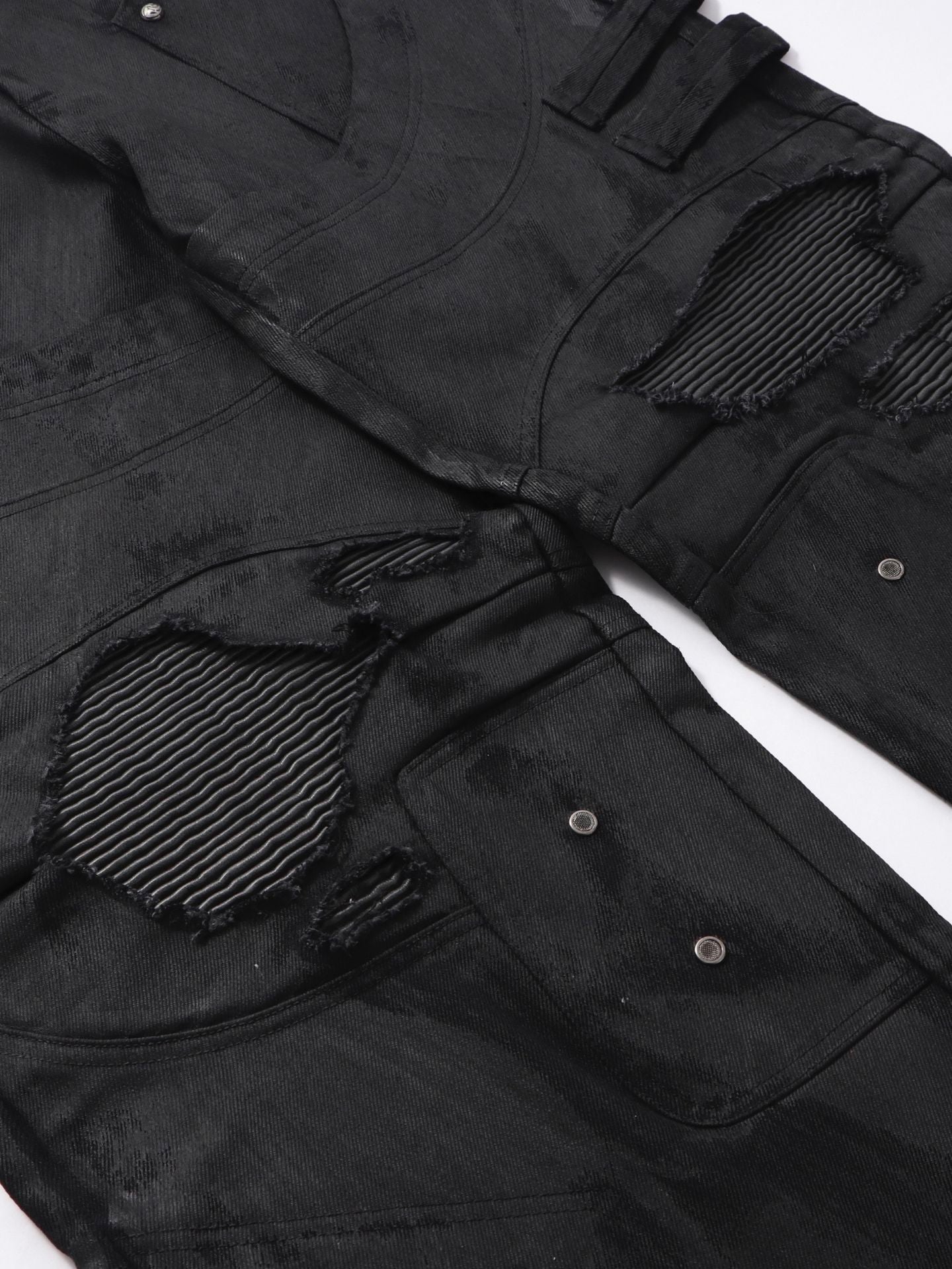 DARKPTPTS WAXED DENIM DISTRESSED CARGO PANTS