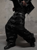 DARKPTPTS VINTAGE STYLE PUNK GENUINE LEATHER BELT WITH STONE TEXTURE RIVET
