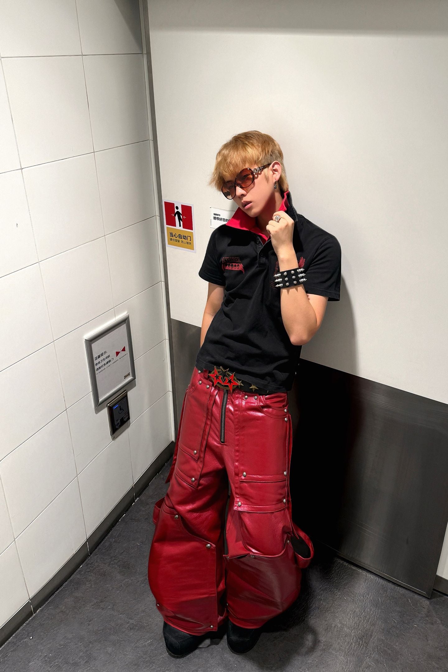 DARKPTPTS RED COATED SILHOUETTE RIVET PANTS