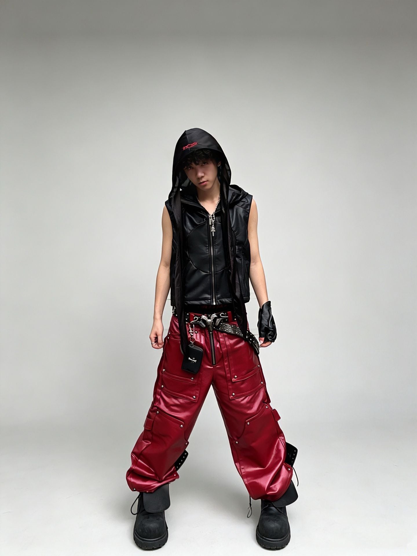 DARKPTPTS RED COATED SILHOUETTE RIVET PANTS