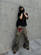 WASTELAND-STYLE SPIDER WEB PRINT DISTRESSED WIDE-LEG JEANS