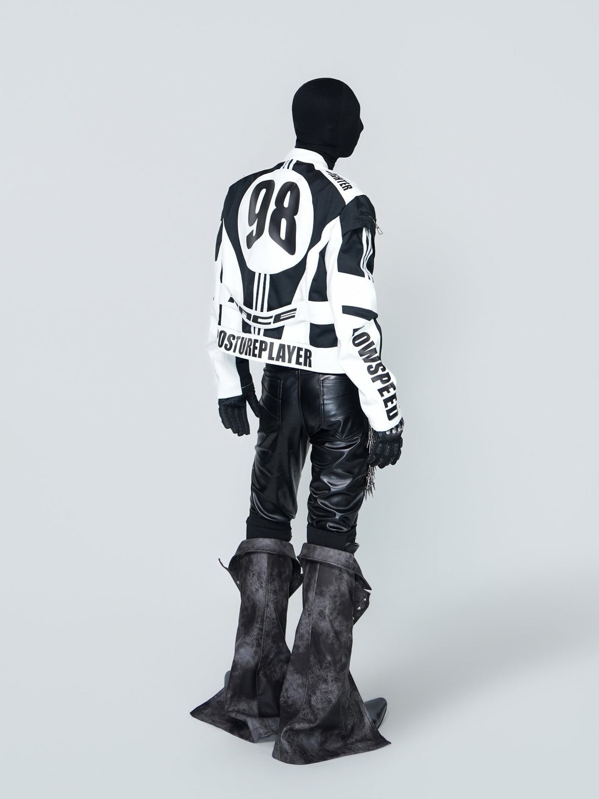 STAND COLLAR SPLICED RACING SUIT SHORT BIKER PU LEATHER JACKET