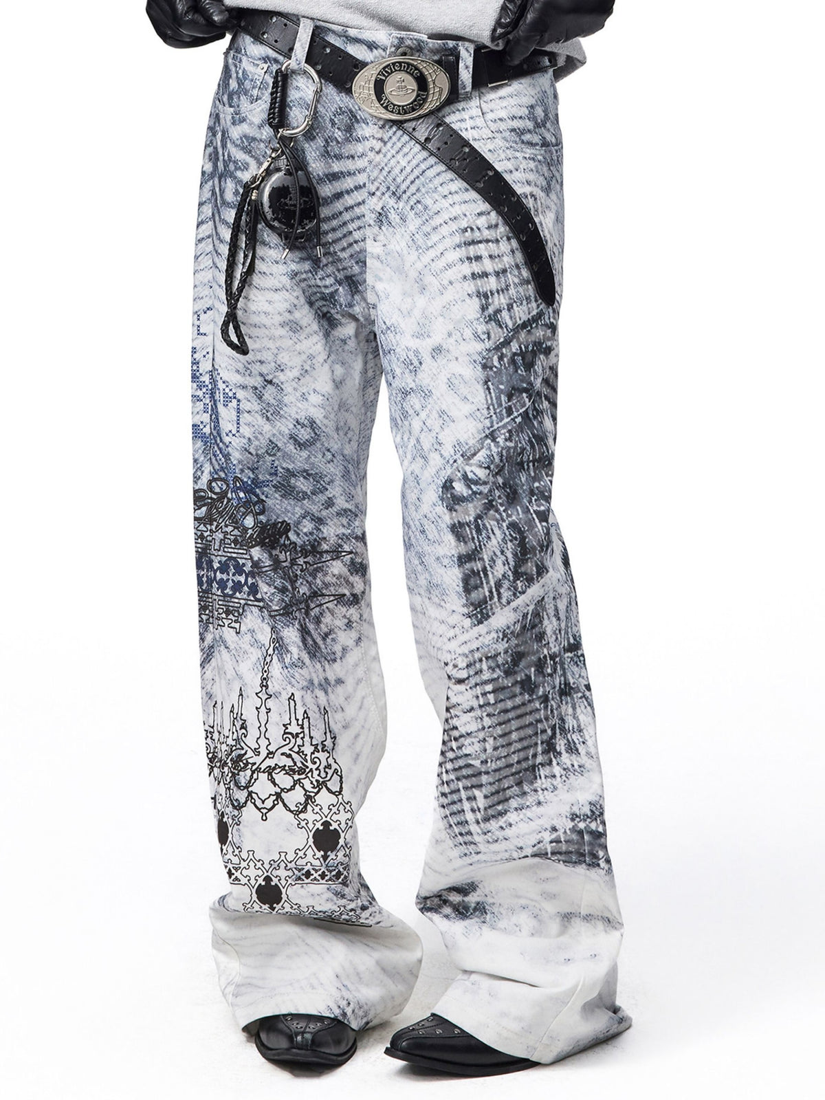 VINTAGE BLIZZARD PRINT BRUSHED TWILL WHITE STRAIGHT LEG DENIM PANTS