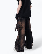 WASTERED MULTI‑POCKET RIVET DETAIL WIDE‑LEG CARGO PANTS