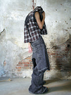 HEAVY-DUTY RIVET PLAID DIRTY WASHED SLEEVELESS HOODED VEST