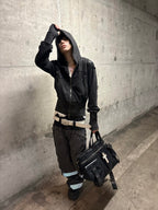 WASHED FAUX LEATHER ARMOR‑SHOULDER MULTI‑POCKET HOODIE