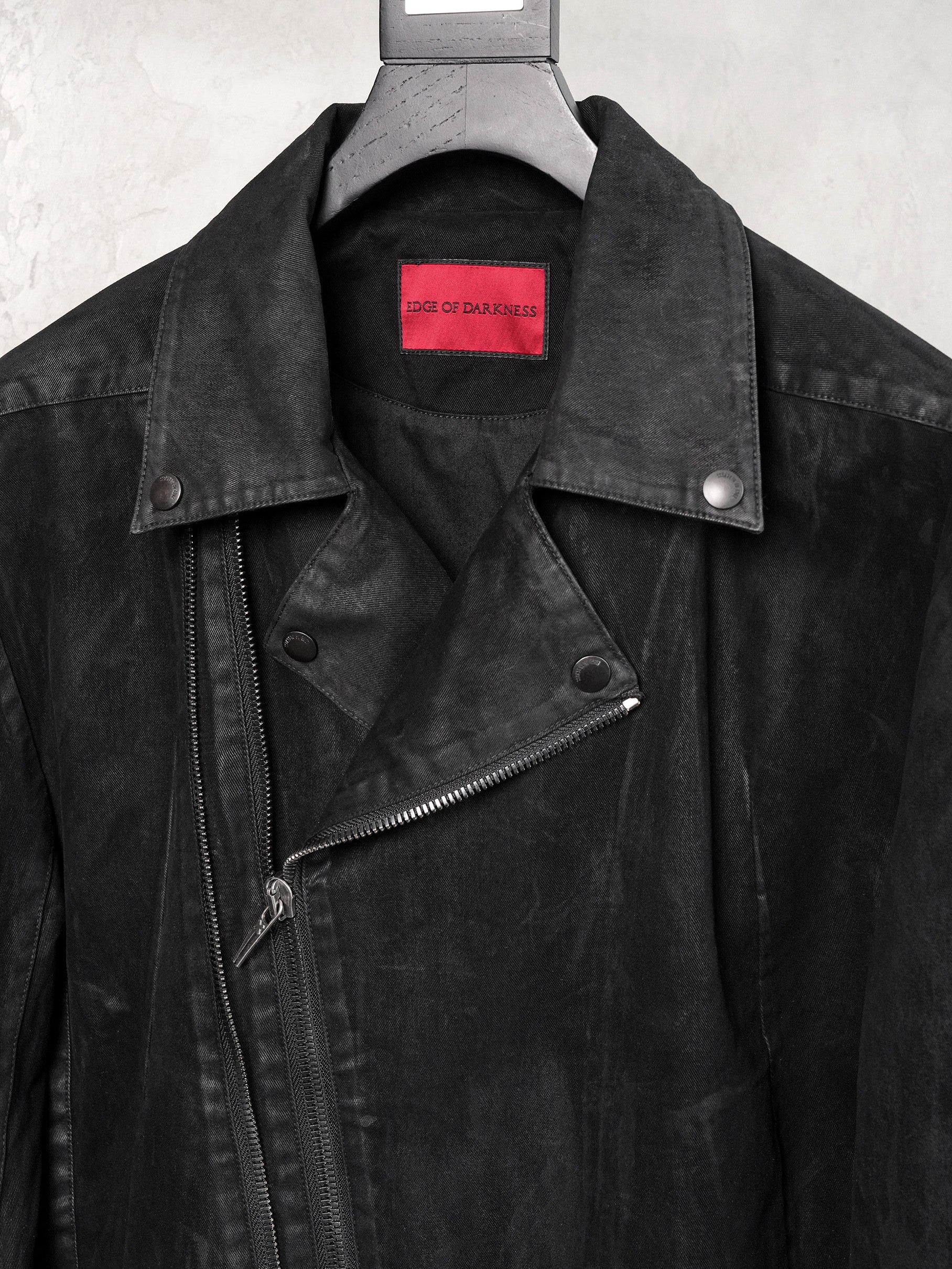 HEAVY‑DUTY WAXED LAPEL COLLAR DUAL‑ZIPPER CROPPED WIDE TWILL BIKER JACKET
