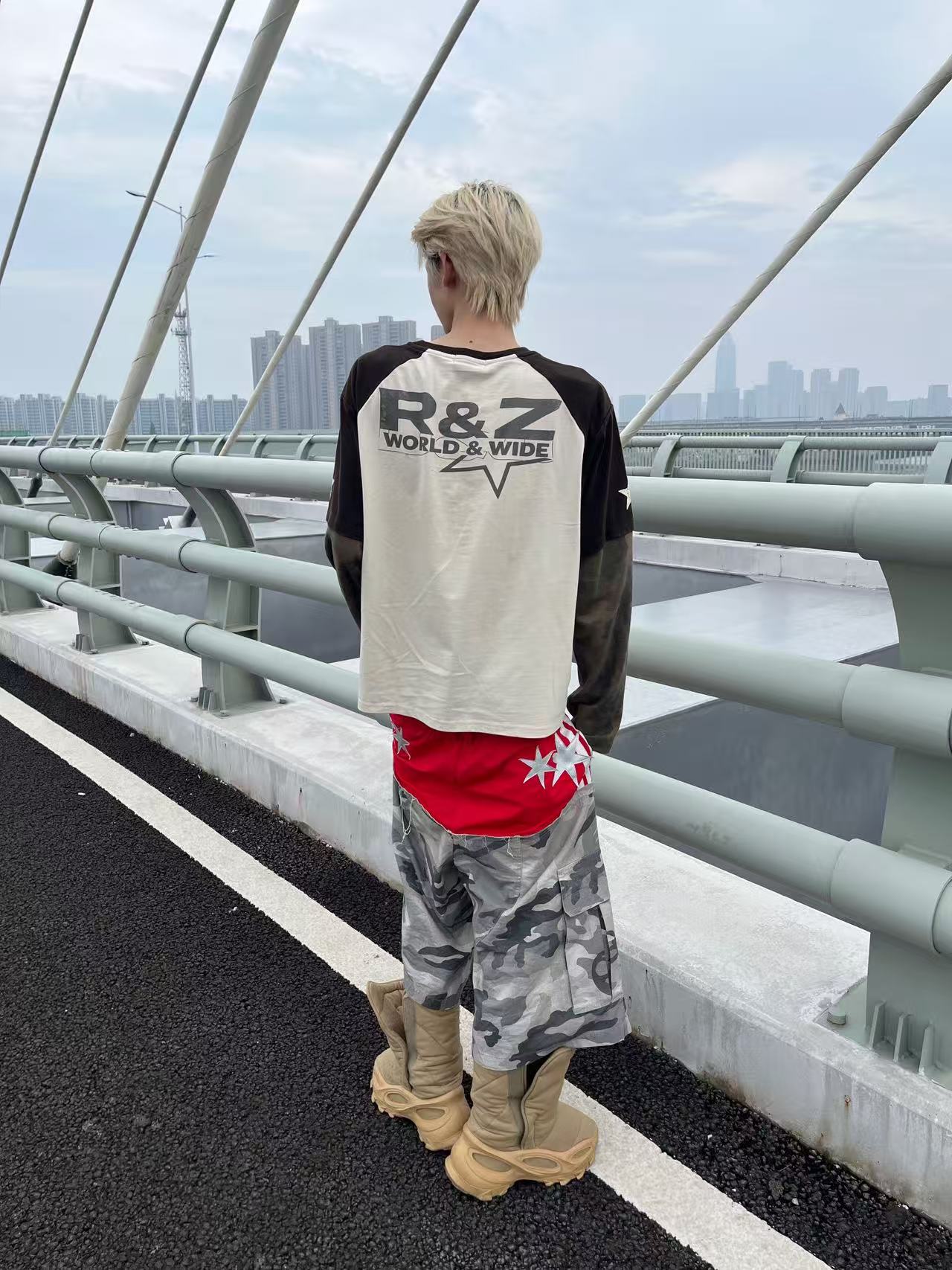 EAGLE & FLAG PATCHWORK CAMO DISTRESSED WASHED LONG-SLEEVE TOP