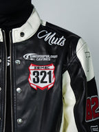 VINTAGE BIKER PU LEATHER EMBROIDERED STAND COLLAR CROPPED RACING JACKET