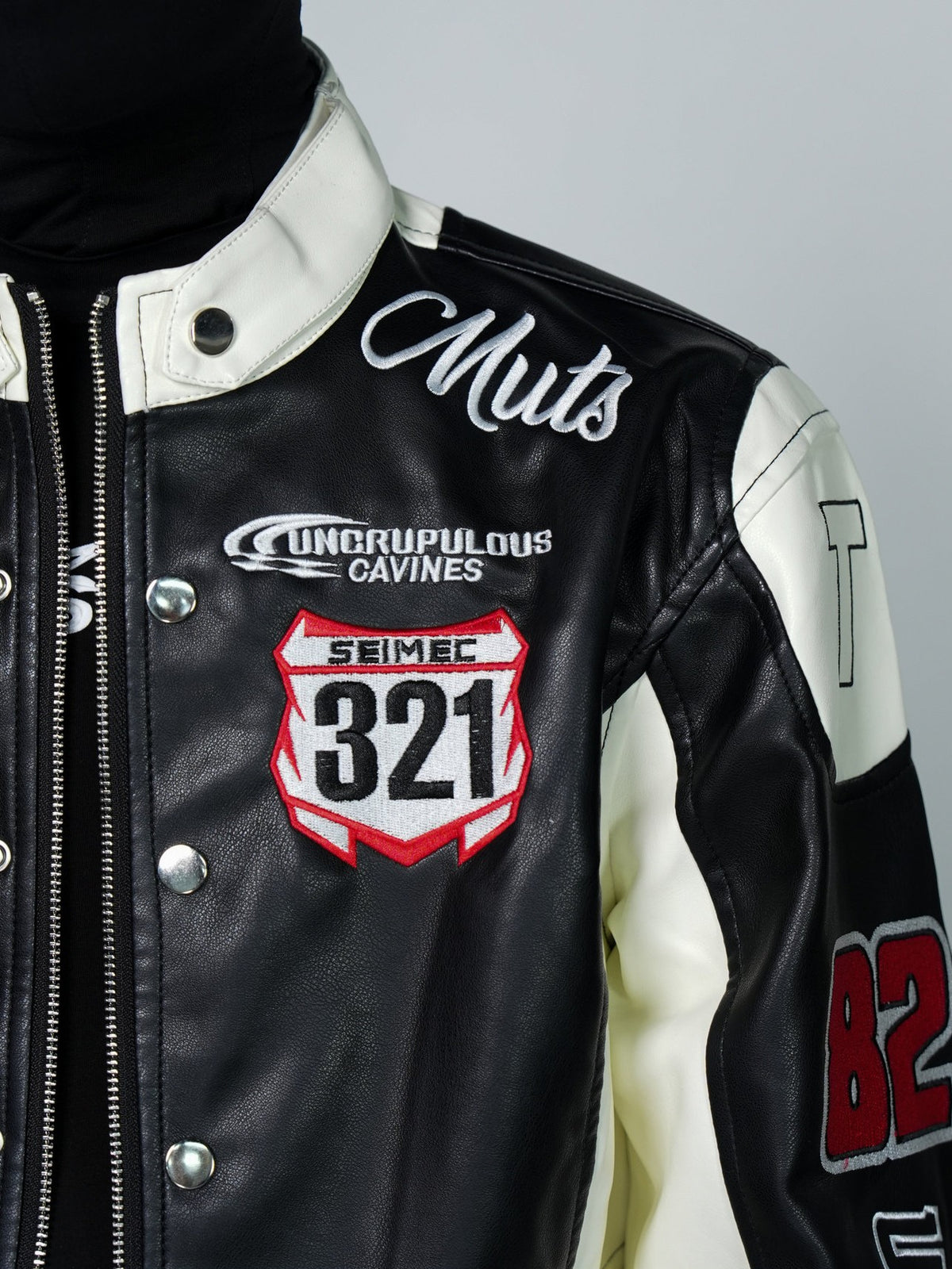 VINTAGE BIKER PU LEATHER EMBROIDERED STAND COLLAR CROPPED RACING JACKET