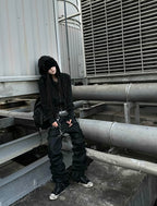 WASHED FAUX LEATHER ARMOR‑SHOULDER MULTI‑POCKET HOODIE