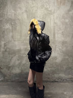 MULTI-ZIPPER REMOVABLE FUR COLLAR CRACKED LEATHER JACKET