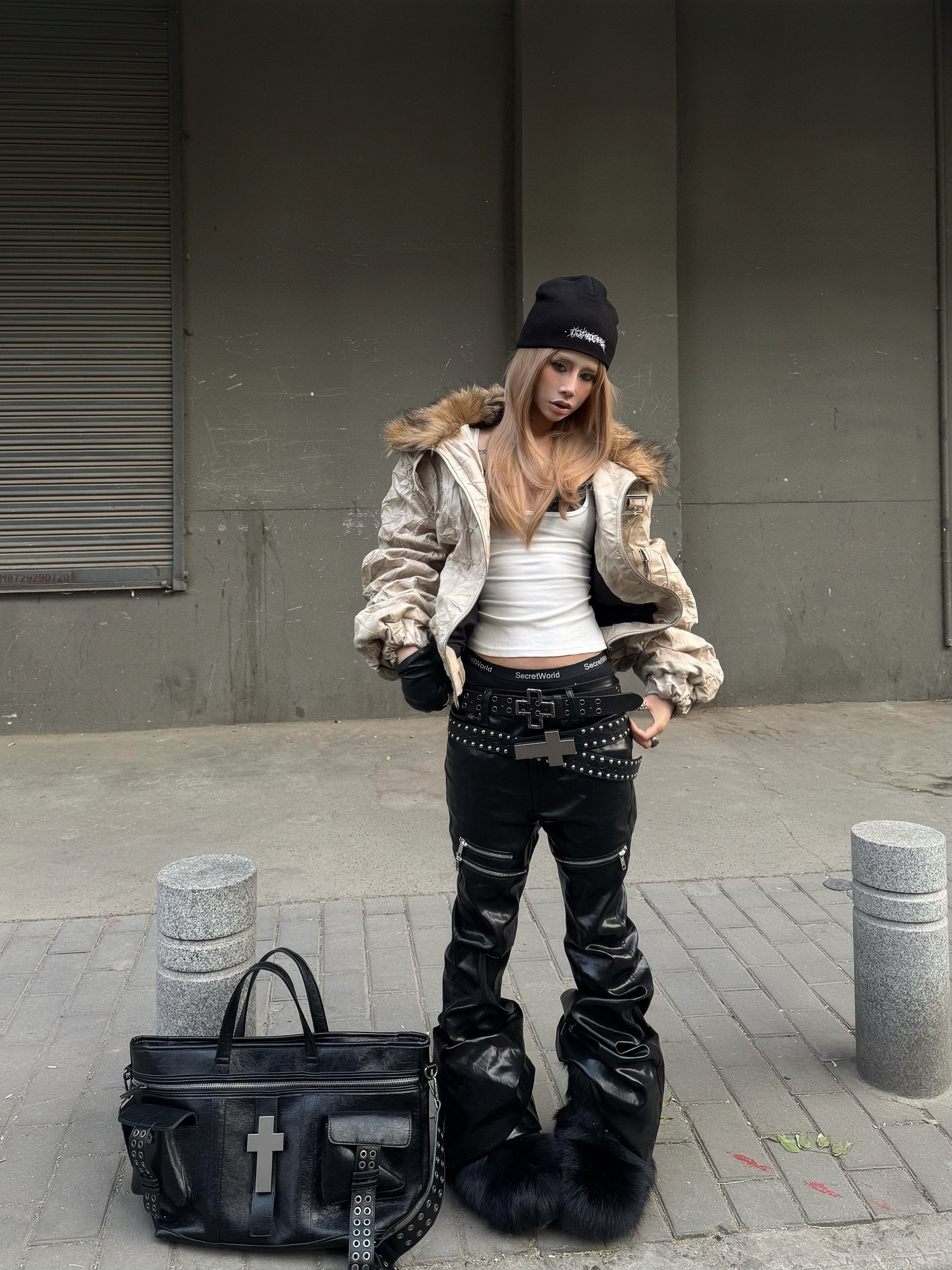 BLACK LIQUID METAL COATED ZIPPER WAXED FLARED PANTS
