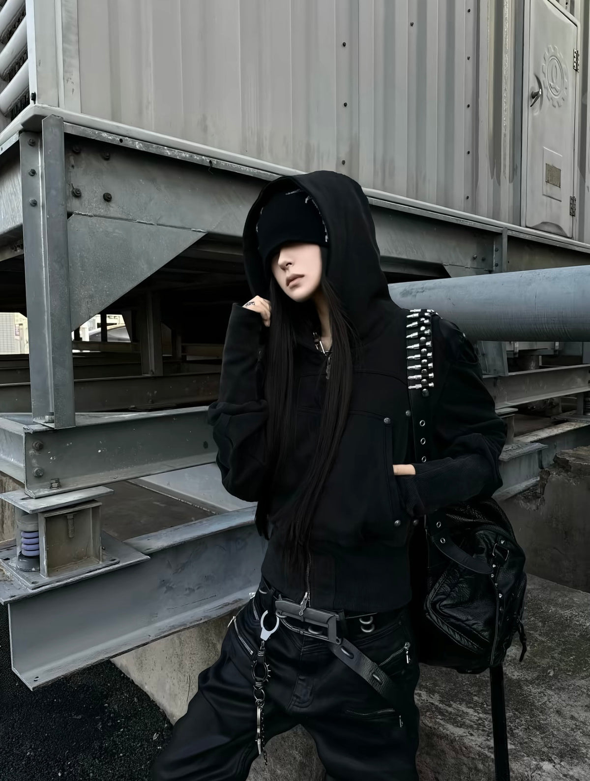 WASHED FAUX LEATHER ARMOR‑SHOULDER MULTI‑POCKET HOODIE