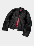 HEAVYWEIGHT ZIPPER OVERSIZED PADDED‑SHOULDER MOTOR LEATHER JACKET