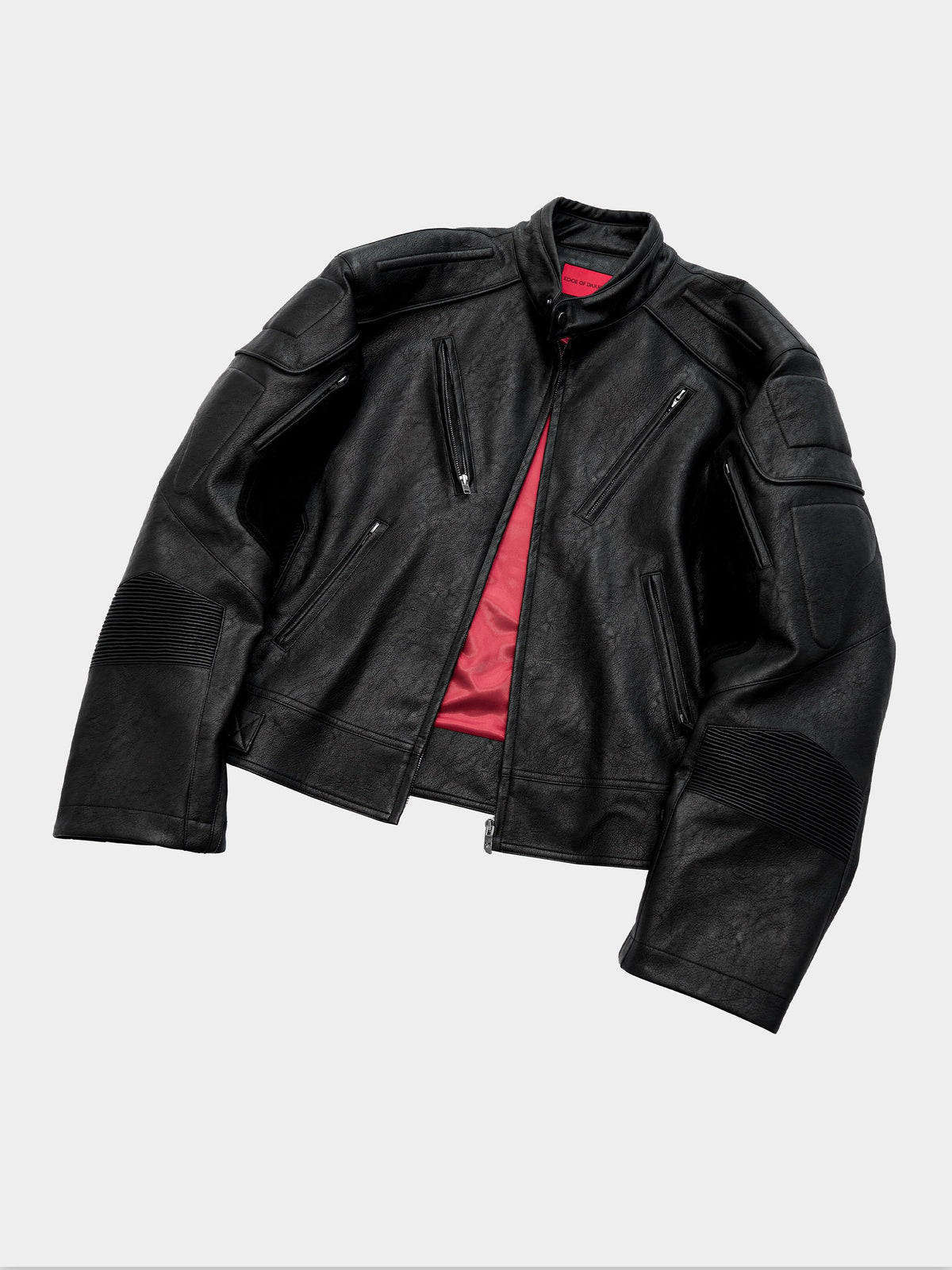 HEAVYWEIGHT ZIPPER OVERSIZED PADDED‑SHOULDER MOTOR LEATHER JACKET