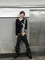 WAXED PATCHWORK STACKED STRAP DOUBLE‑WAIST CURVED SKINNY PANTS