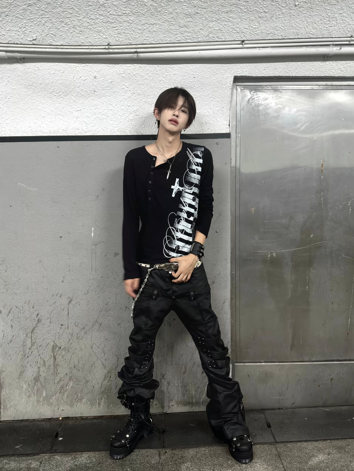 WAXED PATCHWORK STACKED STRAP DOUBLE‑WAIST CURVED SKINNY PANTS