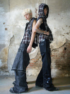 HEAVY-DUTY RIVET PLAID DIRTY WASHED SLEEVELESS HOODED VEST
