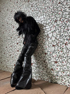 BLACK LIQUID METAL COATED ZIPPER WAXED FLARED PANTS
