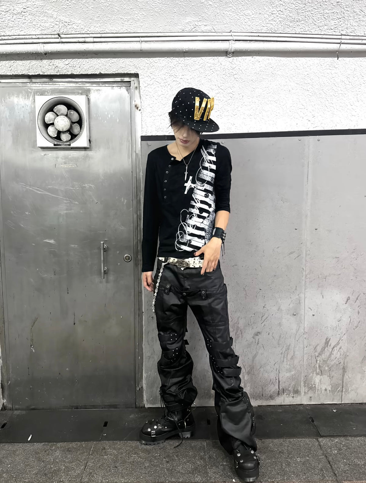 WAXED PATCHWORK STACKED STRAP DOUBLE‑WAIST CURVED SKINNY PANTS