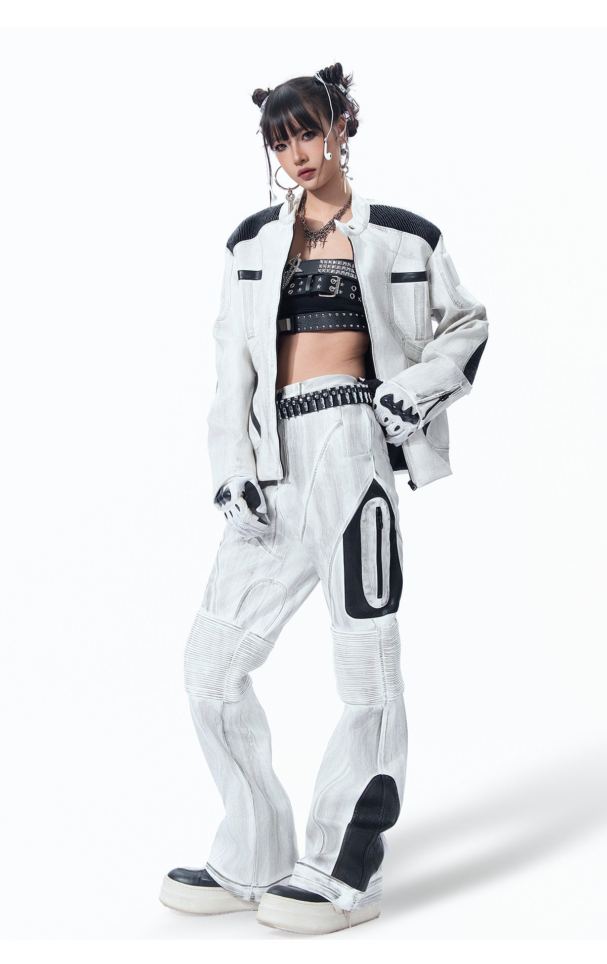 WASHED HIGH‑STREET NICHE SPLICED TECHWEAR LEATHER PANTS