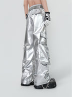PUNK SILVER CARGO SHINY COATED WIDE STRAIGHT LEG PANTS