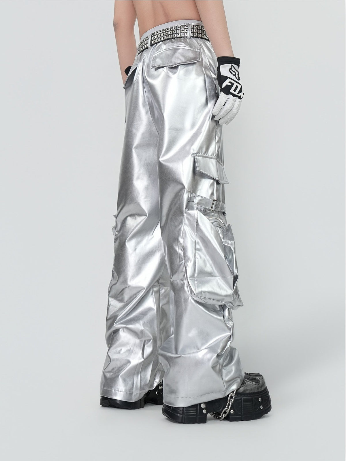 PUNK SILVER CARGO SHINY COATED WIDE STRAIGHT LEG PANTS