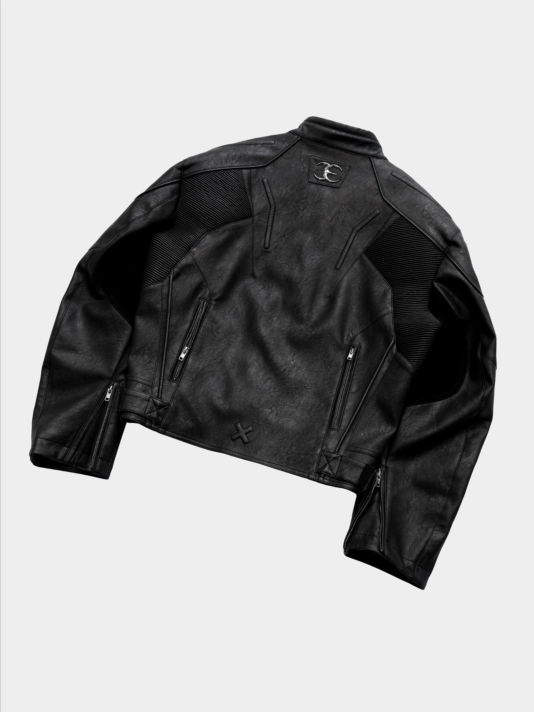 HEAVYWEIGHT ZIPPER OVERSIZED PADDED‑SHOULDER MOTOR LEATHER JACKET