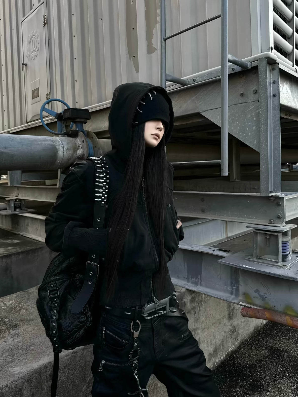 WASHED FAUX LEATHER ARMOR‑SHOULDER MULTI‑POCKET HOODIE
