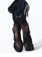 WASTERED MULTI‑POCKET RIVET DETAIL WIDE‑LEG CARGO PANTS