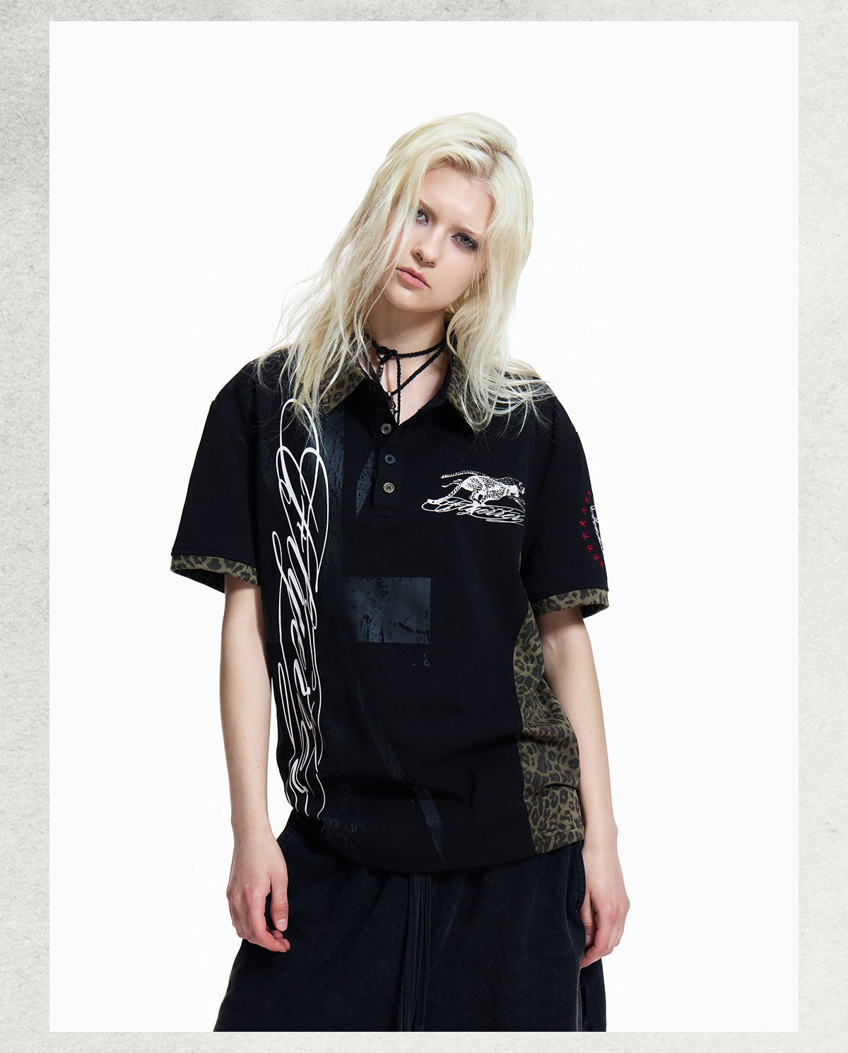 PRINTED AND LEOPARD-PRINT PANEL POLO SHIRT