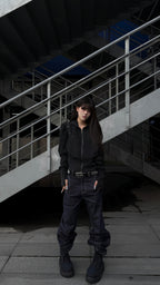 WASHED FAUX LEATHER ARMOR‑SHOULDER MULTI‑POCKET HOODIE