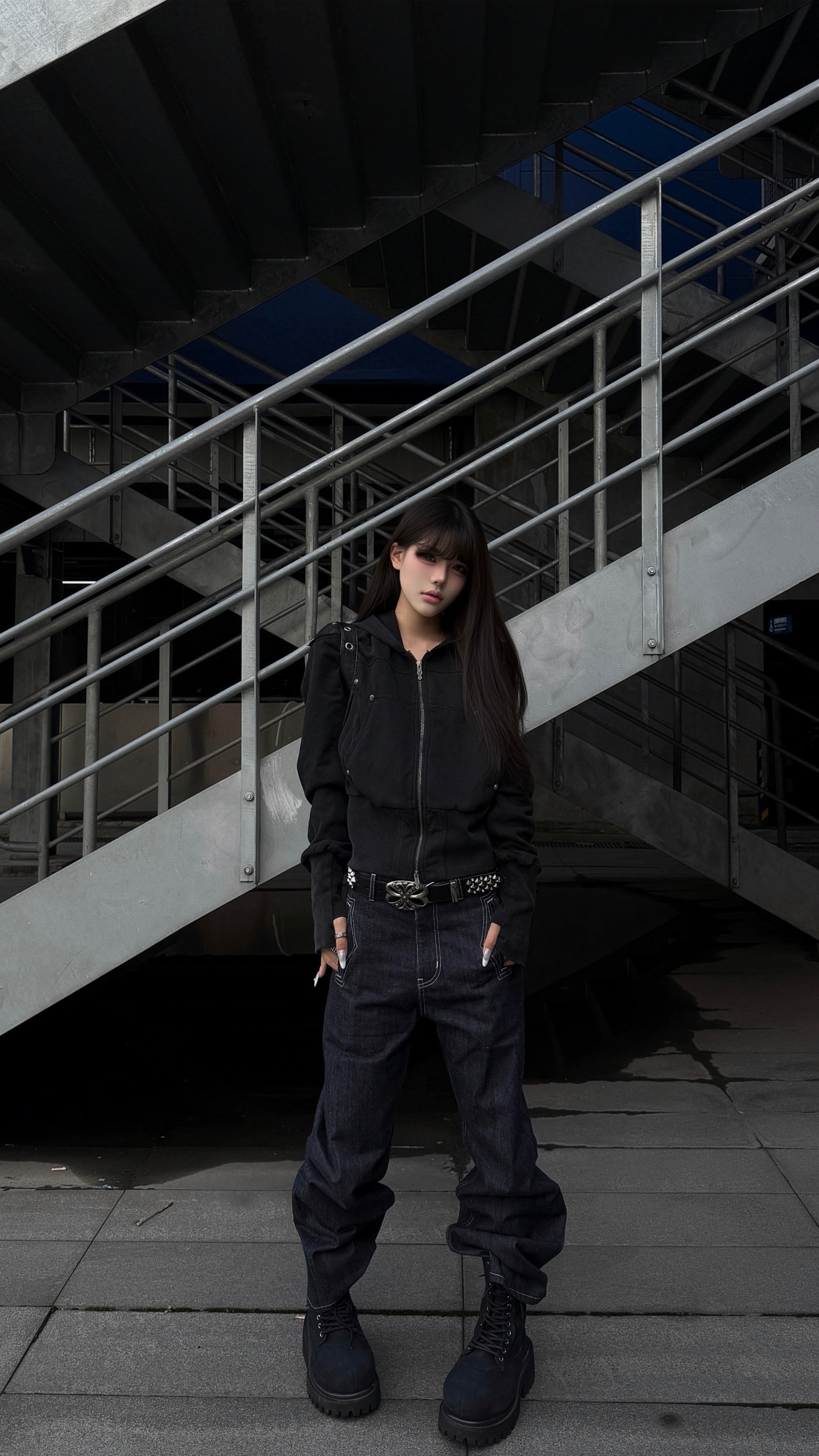 WASHED FAUX LEATHER ARMOR‑SHOULDER MULTI‑POCKET HOODIE
