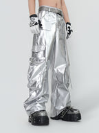 PUNK SILVER CARGO SHINY COATED WIDE STRAIGHT LEG PANTS