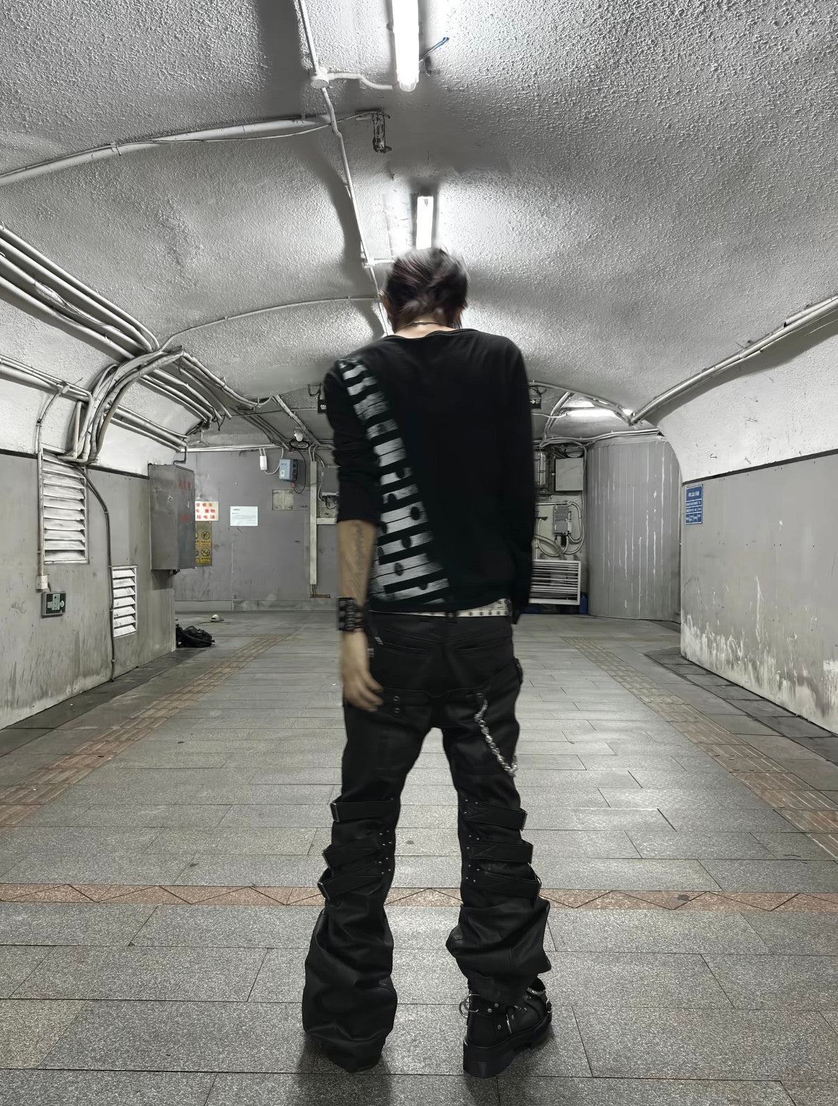 WAXED PATCHWORK STACKED STRAP DOUBLE‑WAIST CURVED SKINNY PANTS
