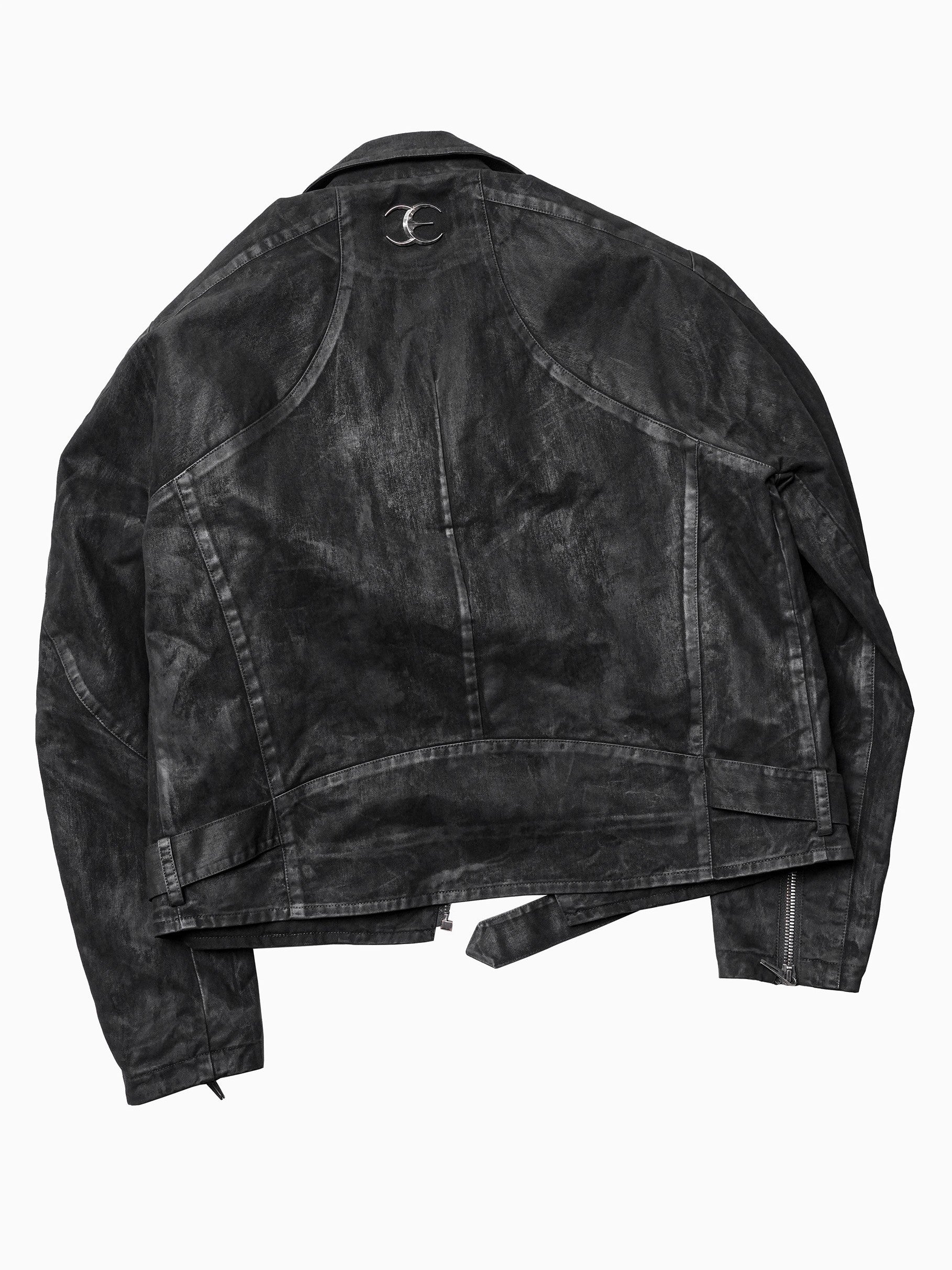 HEAVY‑DUTY WAXED LAPEL COLLAR DUAL‑ZIPPER CROPPED WIDE TWILL BIKER JACKET