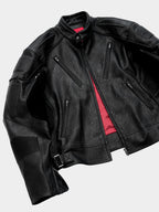 HEAVYWEIGHT ZIPPER OVERSIZED PADDED‑SHOULDER MOTOR LEATHER JACKET