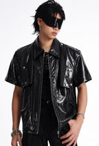 DARK PATCHWORK COLLARED LEATHER T-SHIRT