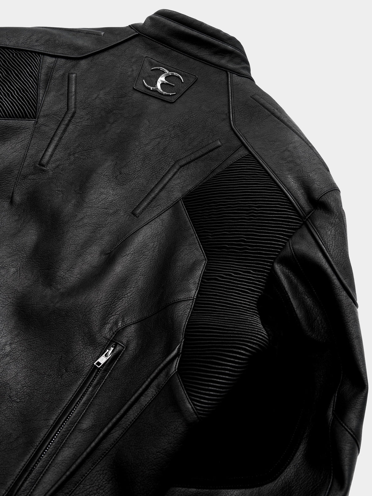 HEAVYWEIGHT ZIPPER OVERSIZED PADDED‑SHOULDER MOTOR LEATHER JACKET