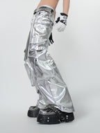 PUNK SILVER CARGO SHINY COATED WIDE STRAIGHT LEG PANTS