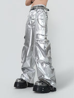 PUNK SILVER CARGO SHINY COATED WIDE STRAIGHT LEG PANTS