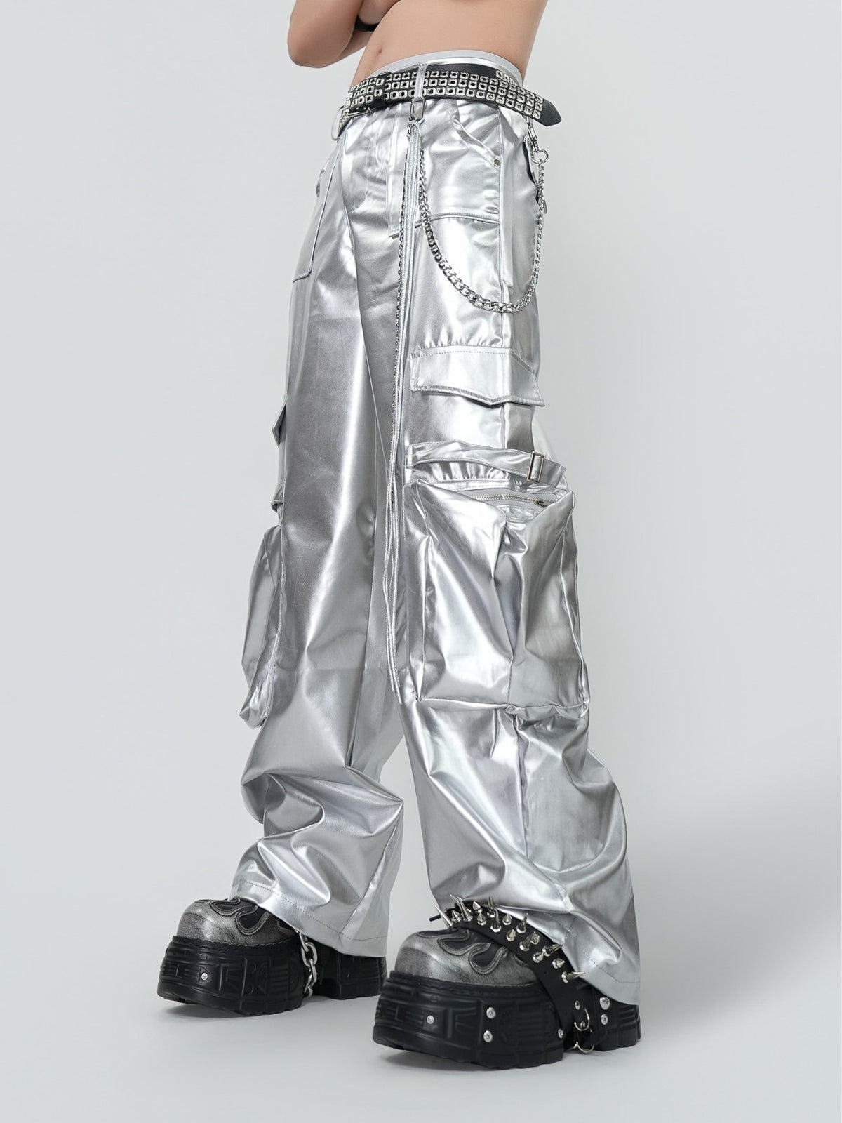 PUNK SILVER CARGO SHINY COATED WIDE STRAIGHT LEG PANTS